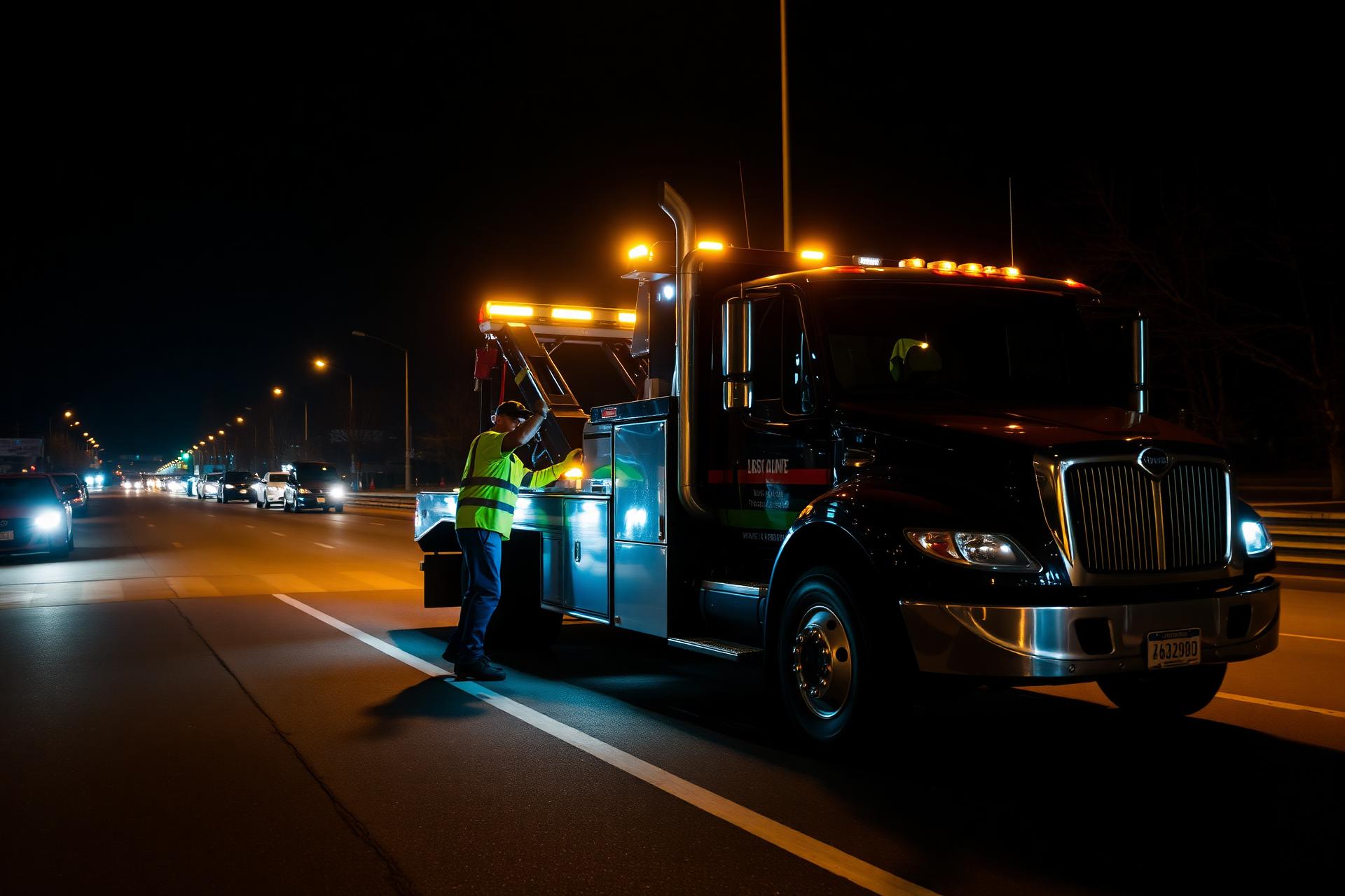 Roadside assistance tow truck at night in Chicago Heights